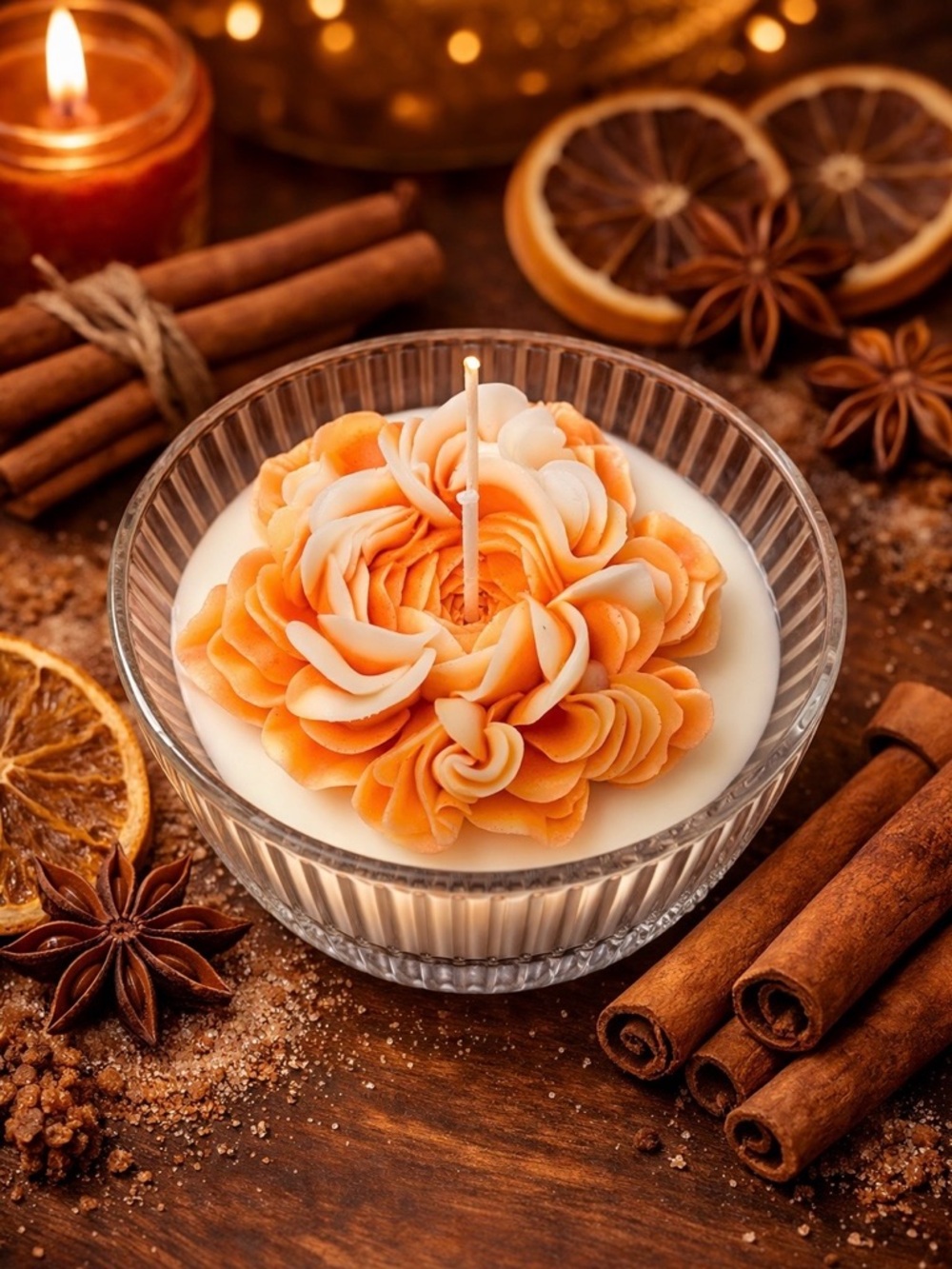 Hand-Poured Floral Soy Candle - Orange Cream Bloom.